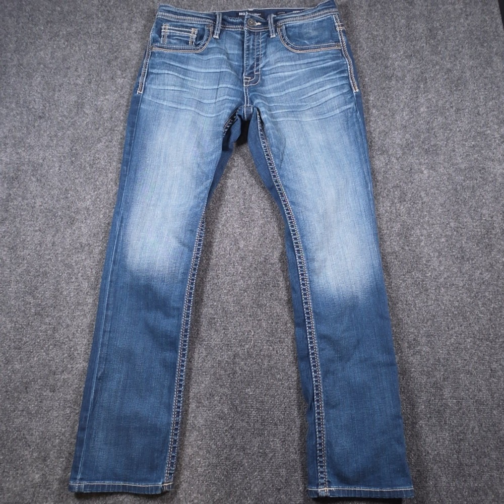BKE Jake Straight Jeans Mens 33x32 Blue Durable Denim Whiskered Faded Stretch